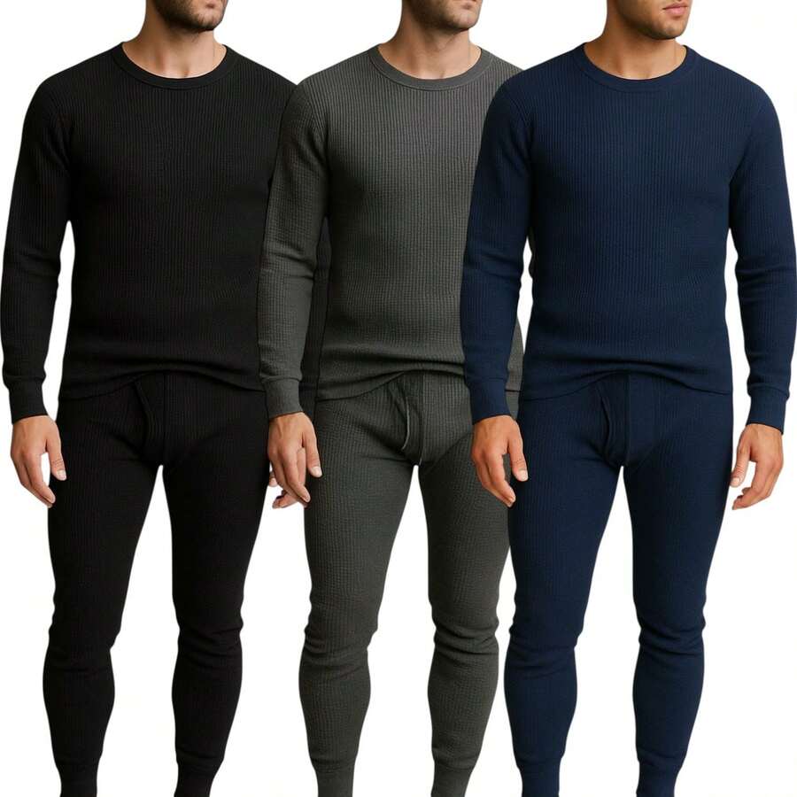 Men's 3 Pack Full Thermal Sets Ultra Soft 6 Piece Cotton Top And Bottom Set, Warm Cotton Long Johns, Winter Base Layer, Thermal Underwear For Men - 黑色/炭灰色/海軍藍 - 查看 1