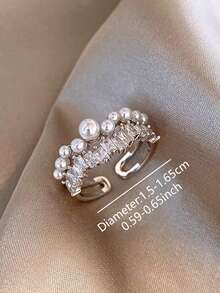 1 chiếc nhẫn dự tiệc cocktail đính đá Cubic Zirconia giả ngọc trai sang trọng độc đáo dành cho nữ - Bạc - Xem 3