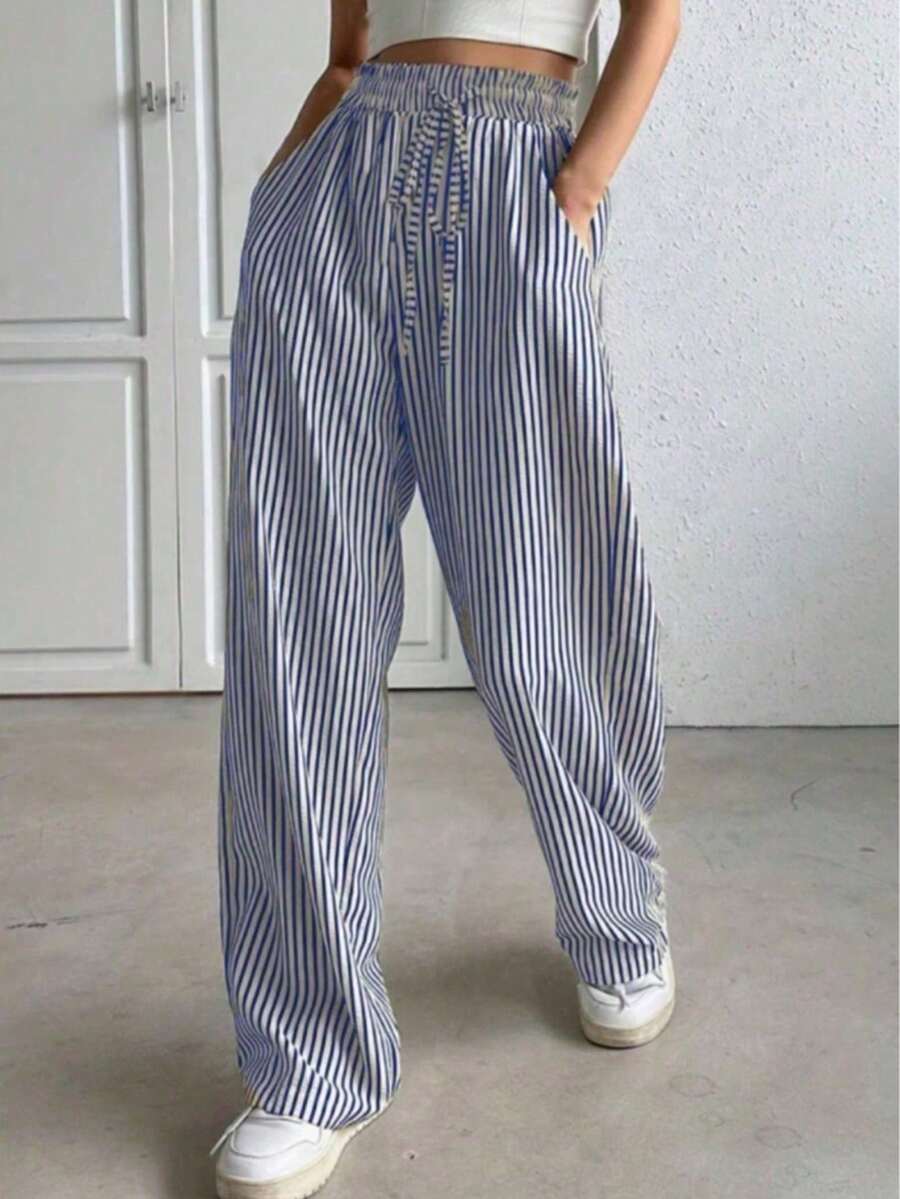 Wide Leg Striped Elastic Palazzo Pants With Pockets - Azul lavado oscuro - Ver 1