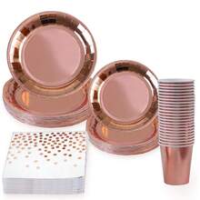 10/20/60 piezas Suministros de fiesta en color oro rosa, platos y servilletas de papel en oro rosa, adecuados para boda, despedida de soltera, compromiso, fiesta de cumpleaños (oro rosa), suministros para cena familiar, suministros para fiesta de Navidad