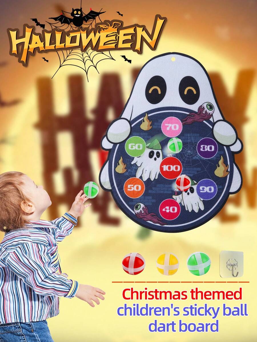 Halloween Kids Sticky Ball Target Game Set, Cartoon Pattern Fabric Dart Sticky Ball, Throwing Interactive Game, Family Multiplayer Competition, School Sports Game Props, Boys Girls Halloween Gift, Halloween Party Toy (1 Hook + 3 Sticky Balls Included)