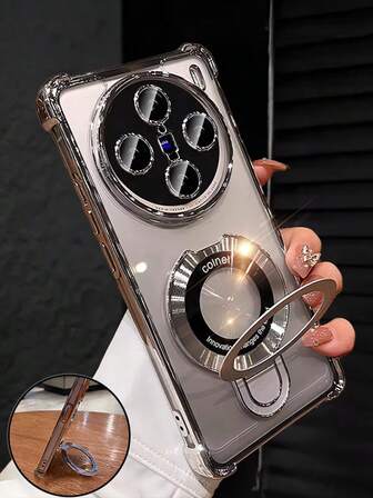 Lyxigt elektropläterat transparent silvertelefonskal med magnetisk ringhållare, prydd med glänsande strass, Y2K-stil, stötsäker och fallskyddande, sommar nytt trendigt silikonmjukt skal, kompatibel med Galaxy S24 S25 Ultra FE A56 A16 4G 5G, kompatibel med Redmi 14C, kompatibel med Honor OPPO Reno Realme MOTO Infinix, unisex Y2K-stil 2025