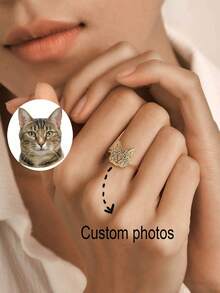 1pc Customized Photo Engraved Stainless Steel Cat/Dog Portrait Open Ring, Fashionable & Minimalist Jewelry Gift For Girlfriend, Pet Lover, Pet Memorial, Suitable For Daily Wear, Birthday, Anniversary, Party, Wedding, Graduation, Holiday Celebration