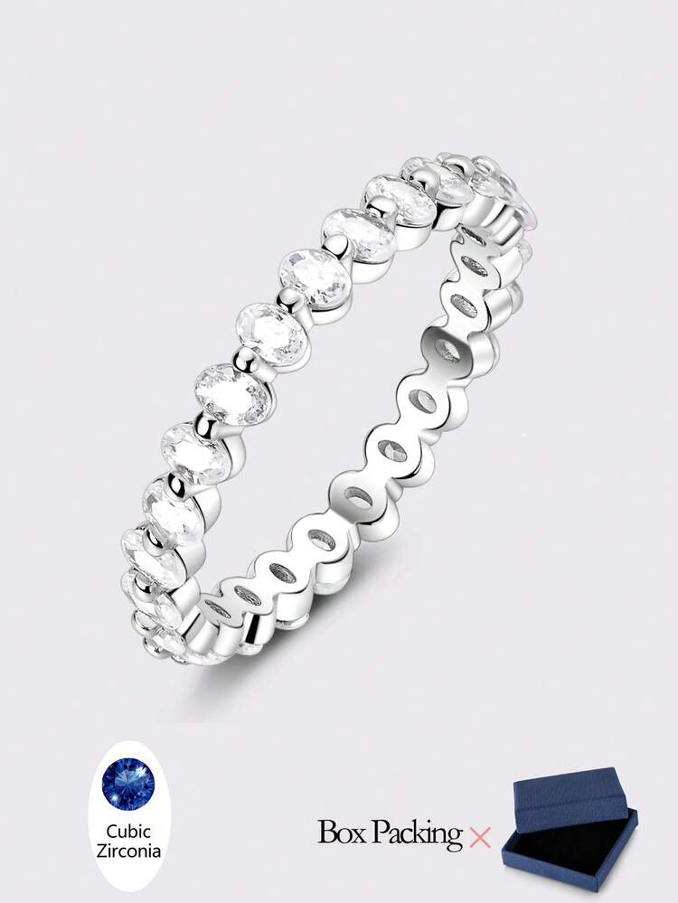 1 Pc Original 925 Sterling Silver Rings For Women Oval White Cubic Zirconia Arranged Pave Set Ins Style Elegance Rings Jewelry Gifts For Women Fits Daily Party Shopping Wear - Silver - View 3