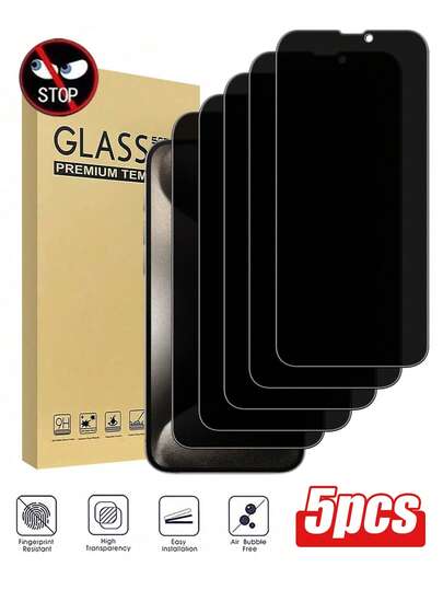 5 piezas Protector de pantalla de vidrio templado anti-espía, compatible con iPhone 17 16 15 14 13 12 11 Pro Max XR X XS Max 7 8 Plus, protección de pantalla esencial, aplicable a protección diaria, oficina, privacidad en el hogar, protector de pantalla de teléfono, accesorios de teléfono, a prueba de agua, a prueba de golpes, anti-caída, resistente a los arañazos