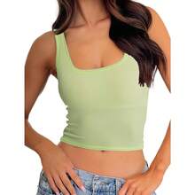 Women Rib Tank Top Padded Workout Top Square Neck Crop Tank Fitted Basic Cami Tops - Lime Green - View 1