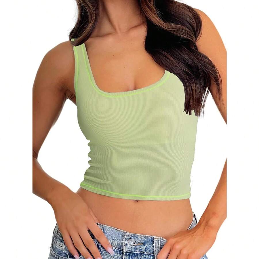 Women Rib Tank Top Padded Workout Top Square Neck Crop Tank Fitted Basic Cami Tops - Lime Green - View 1
