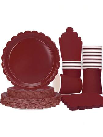 10pcs Wine Red Party Supplies Dark Red Paper Plates Cups Napkins Dinnerware Set 7 Inch 9 Inch Scalloped Red Dessert Dinner Plates Cute Party Burgundy Plate For Daily Use Birthday Babe Shower Autumn Fall Thanksgiving Christmas Picnic Party Supplies Decorations