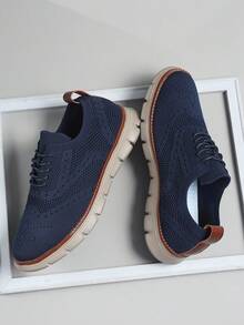 Plus Size Men's Shoes Size 48 Navy Blue Fashionable British Style Perforated Mesh Lace-Up Comfortable Casual Sneakers