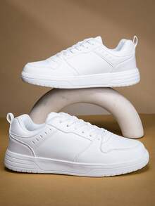 大码男士轻便休闲运动鞋 - 防滑 EVA 鞋底，纯色超细纤维鞋面和织物衬里，圆头系带设计，厚底休闲运动鞋，适合户外、校园、派对、度假、街头、滑板，简约百搭的鞋子 - 白色 - 查看 9