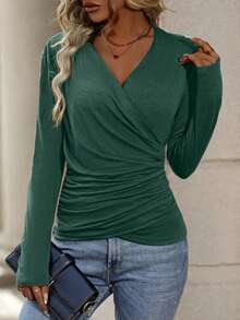 Women's Casual V-Neck Long Sleeve Top Autumn & Winter Versatile For Commute Office & Home - 綠色 - 查看 2
