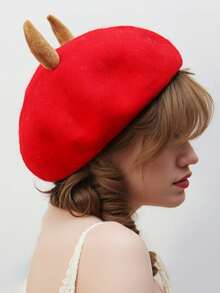 Devil Horns Red Beret For Women - Fun Halloween Costume Accessory, Unique Fashion Beret With Horns, Red Beret For Cosplay, Party Hats