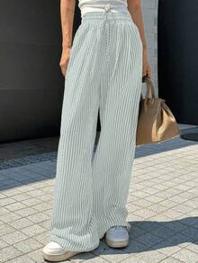 Wide Leg Striped Elastic Palazzo Pants With Pockets - Grey - View 3