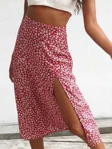 Rosa Lunares Impreso Cintura Alta Estiramiento Envoltura Cadera Split Falda Larga Halter Falda lápiz elástica de cintura alta con estampado de lunares y abertura, falda larga evasé con estampado de leopardo Faldas de Mujer - Rosa Roja - Ver 4