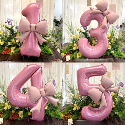 2 piezas/set globos de aluminio grandes de 32 pulgadas con números y lazos rosas, ideales para fiestas de cumpleaños, eventos al aire libre, aniversarios, festividades y decoración de pared para fiestas de Año Nuevo.
