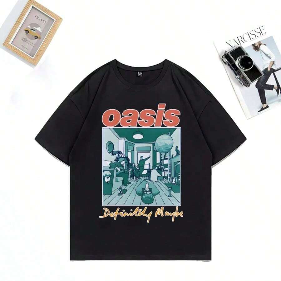 2025 Summer Hot Short Sleeve Vintage Oasis Tour Peripheral Limited T-Shirt Men's Women's Fashion Oversized Cotton T-Shirts - 黑色 - 查看 1