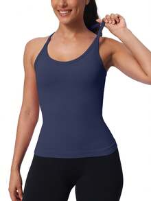 MathCat Workout Tank Tops For Women Built In Shelf Bras Padded -Racerback Athletic Tank Tops Ribbed Yoga Shirts - màu xanh hải quân - Xem 3