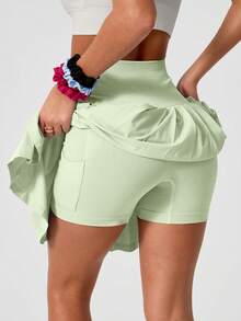 Leorrey 1pc Women's Seamless Casual Comfortable Solid Color High Waist Anti-Flashing Sweet Pleated Tennis Running Workout Mini Skirt - Green - View 4