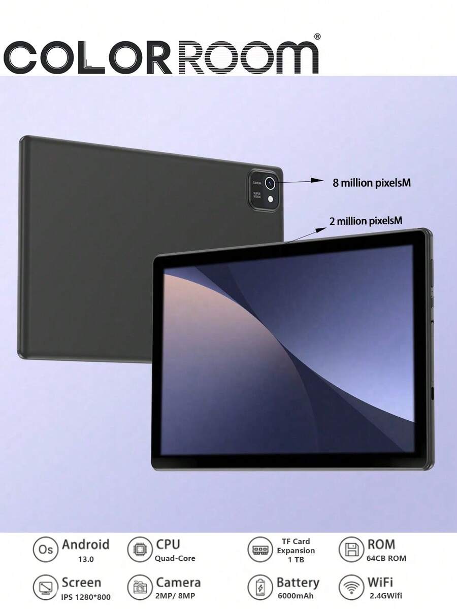 COLORROOM Android 13 Tablet 10 Inch Tablet/6(2+4) RAM 64GB ROM(Expanded 1TB)/Dual Camera/2MP+8MP Dual Camera/6000mAh Long Battery Life/10.1' IPS Full HD Display/Quad Core Tablet/WiFi/For Online Lesson,Reading - Black - View 1