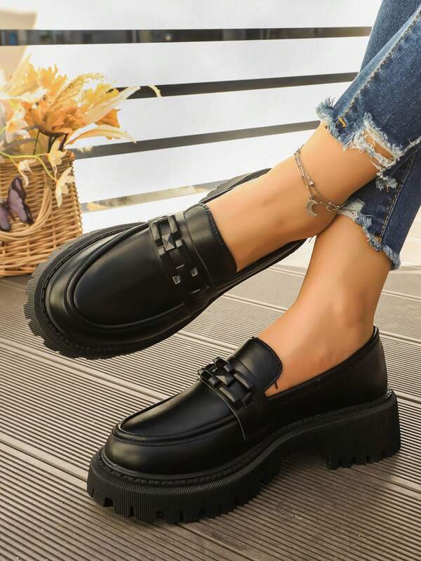 Women's Metal Buckle Decor Thick Sole Casual Slip-On Round Toe Loafers, Black, Elegant Everyday Wear