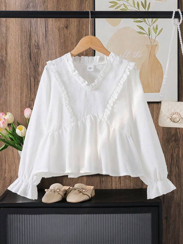 Left Mama Blusa de manga larga blanca con adorno de encaje, cómoda y versátil para niñas, primavera/otoño