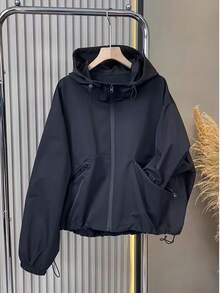 2025新款黑色连帽女式风衣外套，宽松抽绳双拉链口袋，休闲工装风外套，春秋季款 - 黑色 - 查看 9