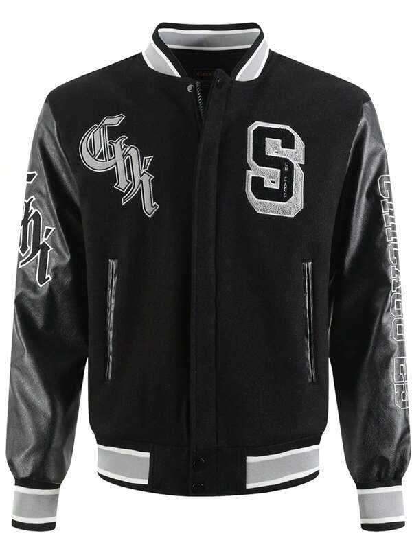 Men's Black Baseball Jacket High End Embroidered Leather Fashionable Street Style Sportswear Casual Classic Retro Sportswear Patchwork PU Long Sleeved Hip-Hop Motorcycle Jacket, Fall/Winter