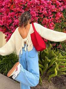 FOR BEAUTY Autumn And Winter New Solid Color Strap Bow Women's Long Sleeve Knitted Cardigan Top, Fashionable And Simple Street Casual Loose And Lazy Suitable For Going Out Commuter Sweater Autumn Women's Clothing Christmas