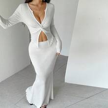 Conjunto de Top Cropped de Manga Longa com Nó na Frente e Saia Midi em Cor Sólida, Elegante e Casual, Adequado para Férias, Praia, Encontros à Noite, Casa, Jardim