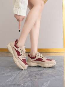 New Women Outdoor Casual Shoes, Thick Sole, Lightweight, Versatile, Breathable, Round Toe, White Sneakers - Card Red - View 5