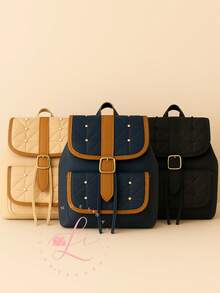 Women's Leather Backpack For Notebook With Adjustable Strap And Pearl Details - màu đen - Xem 2