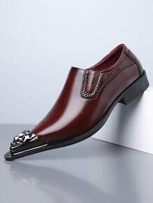 1 双男士尖头金属头低帮正装鞋，时尚休闲软底皮鞋，适合商务/办公室穿着，四季皆宜 - 酒紅色 - 查看 2