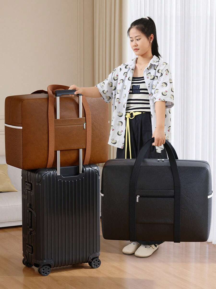 1pc Oil Wax Leather Storage Bag, A Simple And High-End Storage Bag That Can Be Placed On The Luggage Handle, A Foldable Storage Bag, Travel Bag, Suitable For Storing Clothes, Toiletries, Toys Closet Organization And Storage Clothes Organizer Bedroom