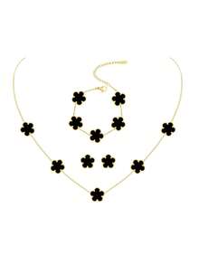 TONSI 一套时尚简约18K镀金不锈钢四叶草项链、手链、耳环首饰套装，适合女性日常佩戴和约会，五叶草贝壳项链 - 金色 - 查看 7