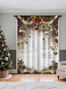 1pc Christmas Ball & Element Pattern Premium Decorative Curtain Rod Pocket Sheer Curtain, All Season Use For Outdoor, Gazebo, Bedroom, Kitchen, Office, Study, Living Room - Semi-Sheer (100g Fabric Weight) Home Decor Christmas Decorations Room Decor Christmas Decorations Home