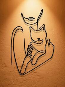 1 szt. Elegancka, kuta, żelazna dekoracja ścienna z kotem – minimalistyczny rysunek liniowy kobiety trzymającej kociaka, czarny metalowy element wystroju salonu/sypialni/biura/kuchni, idealny prezent dla miłośników kotów i zwierząt, 2D płaski wystrój pokoju