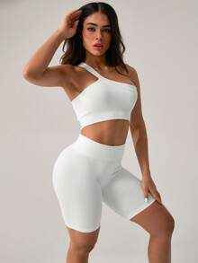 NcmRyu Women's Solid Color Sports Bra & Shorts Set - Minimalist Design, Stretchy Comfortable Activewear For Yoga, Fitness, Gym, Running & Outdoor Activities - 白色 - 查看 4