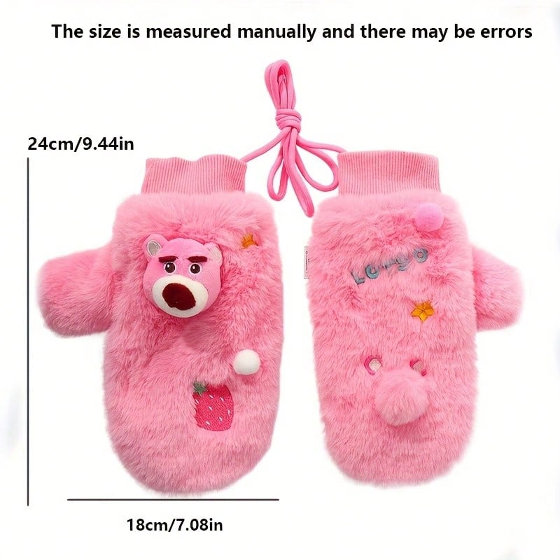 皮克斯系列毛绒嘉年华DIY成人保暖手套加厚手套带颈套全指连指手套保暖内衬防风防冻全指手套 - 粉色 - 查看 1