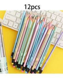 12/10/8/6/4/2/1支三角形HB铅笔带橡皮擦 - 鲜艳的混合颜色，中等笔尖，木质铅笔，适合书写练习，适合学生、学校用品、返校 - 隨機 - 查看 18