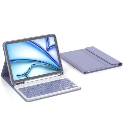 Bao da kiêm bàn phím tương thích với iPad A16 (thế hệ 11/10), thế hệ 9/8/7 (10.2"), iPad Air (10.9"/11"), được làm từ chất liệu TPU dạng gập và da PU PMMA, bao gồm bàn phím Bluetooth không dây (pin 150mAh) và giá đỡ, màu tím oải hương.