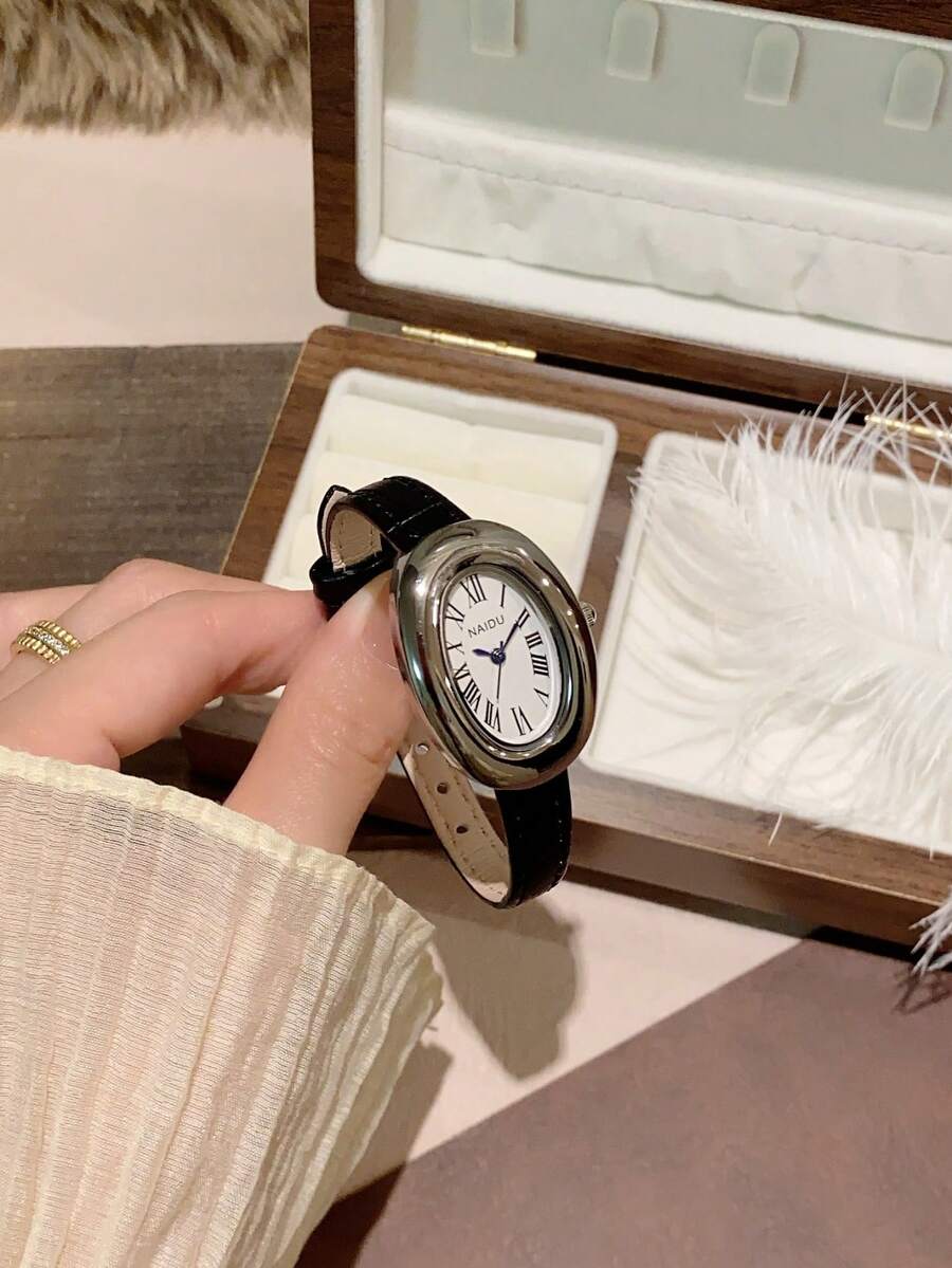 1件女士椭圆形罗马数字休闲优雅石英腕表，适合日常佩戴 - 黑色 - 查看 1