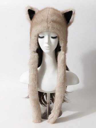 1 st. vinterhatt med rävpäls, vindtät fjäderhatt, söt rävhalshalsduk med huva, höst-/vinterhatt i kawaii-stil med fluffig fuskpäls