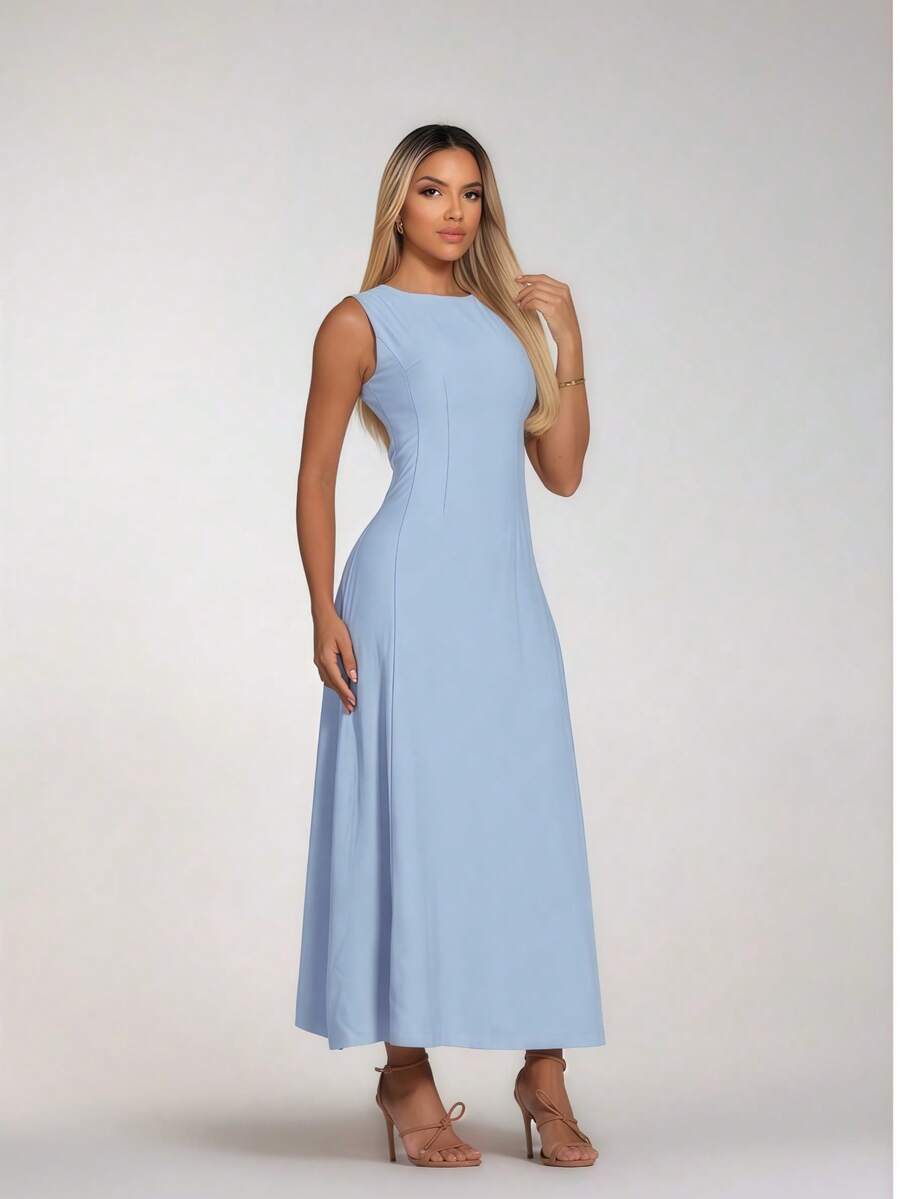 Women's Marrente Party Dress Long Prom Dress With Round Neckline Wedding Event Dress, Party Dress, Wedding Guest Dress, Party Dress No Ironing S M L - 淺藍色 - 查看 1
