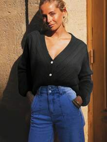 Damen V-Ausschnitt Drop Shoulder Langarm Casual Einreiher Hohlstrick Strickjacke, Herbst Schwarz - Schwarz - Übersicht 3