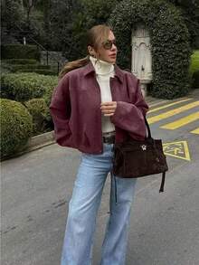 Women's Bomber Jacket, Spring Coat, Loose Long Sleeve Zipper Retro Jacket, New Style Jacket, Green Outerwear - Burgundy - View 4