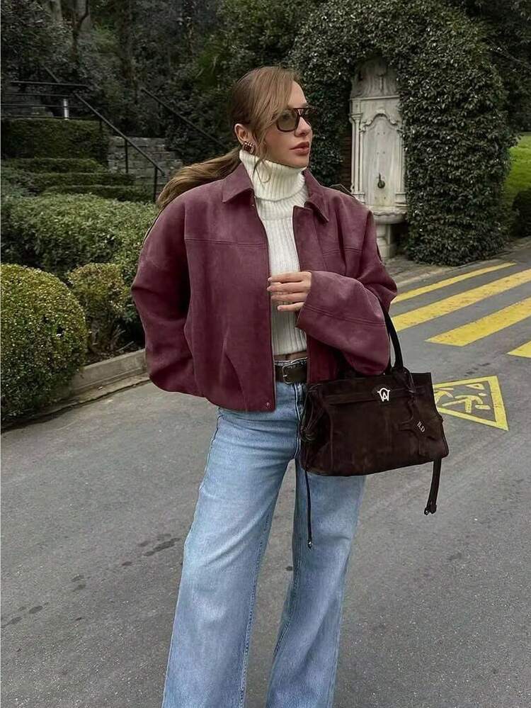 Jaqueta Bomber Feminina, Casaco de Primavera, Jaqueta Retrô de Manga Longa Solta com Zíper, Jaqueta de Novo Estilo, Agasalho Verde - Vinho - Visão 4