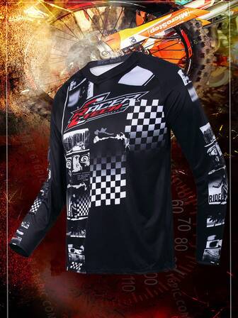 TELEYI 男式涤纶山地自行车骑行服 - 长袖圆领针织面料运动衫，适合骑行、跑步、钓鱼、高尔夫 - 通用版型，几何图案，中等弹力，150 克/平方米 - 四季皆宜