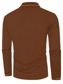 1pc Men's Casual Quarter Button Long Sleeve Polo Shirt, Suitable For Spring And Autumn, For Golf, For Fall - Coffee Brown - View 3