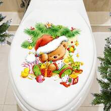 ملصق مقعد المرحاض لاحتفال عيد الميلاد مع الدب الجميل وشجرة عيد الميلاد، ديكور منزلي للحمام، ديكورات عيد الميلاد، ديكور الغرفة، ديكور الحائط، ملصقات الحائط، ملصقات عيد الميلاد المنزلية