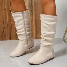 Women's Soft Suede Low Heel Mid Calf Boots| Fall Outdoor Footwear With Side Zipper & Non-Slip Sole - Flat Boots,Slouch Boots For Women-2025 - 米色 - 查看 6